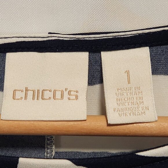 Chico's Size 1 Broken Stripe Knit Top Navy Blue and White 3/4 Sleeve Fringe Hem - Picture 3 of 7